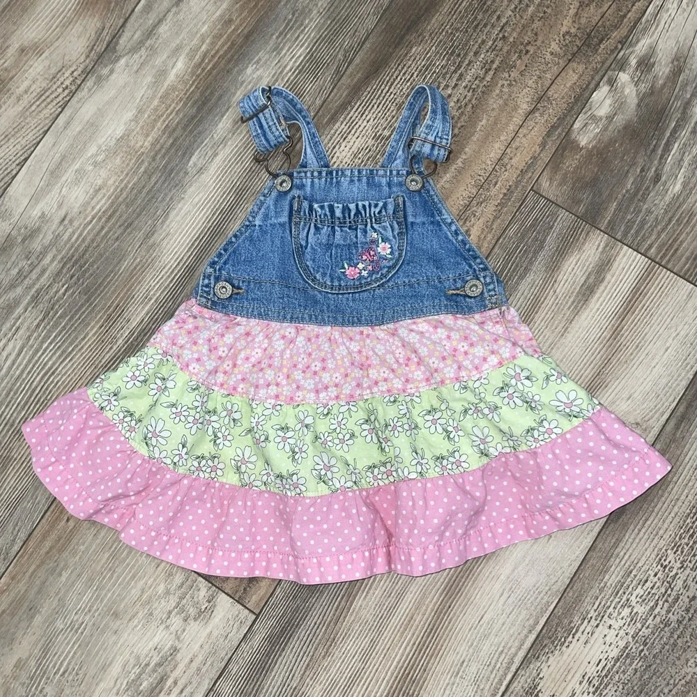 OshKosh B'gosh‎ Girls 18 Month's Denim Bib Overall Dress Ruffled Floral Cotton